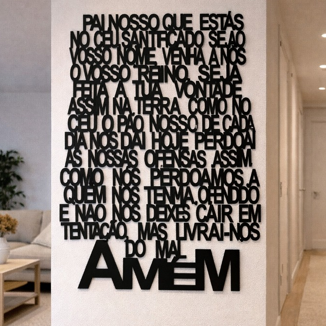 Quadro ORAÇÃO PAI NOSSO em MDF 3mm P-M-G Gospel Cristão Versículo Bíblico Parede Preto Fosco