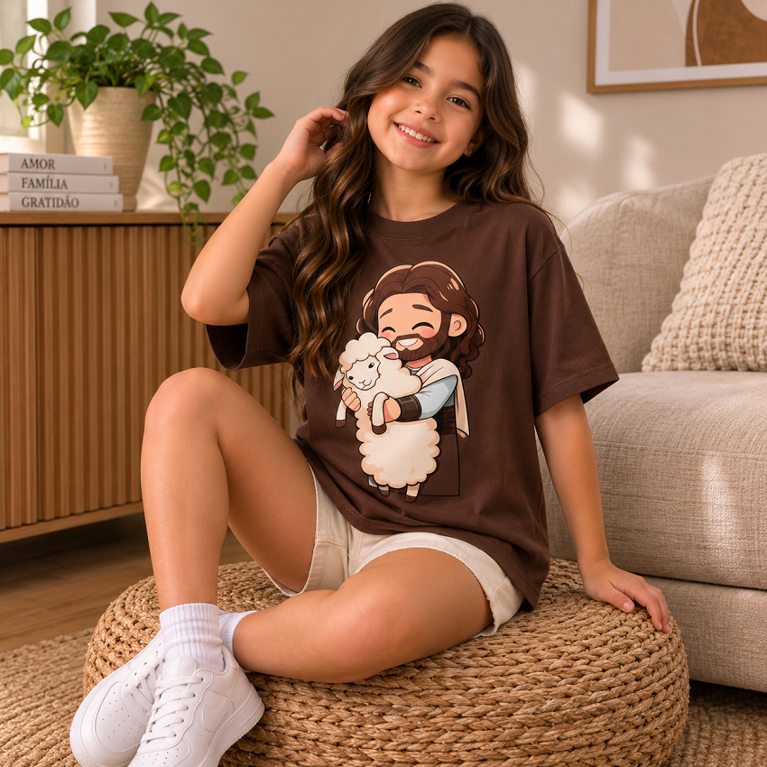 Camisa Estampada Infantil Jesus Ovelhinha Camiseta Gospel T-shirt Basica Algodão Feminina