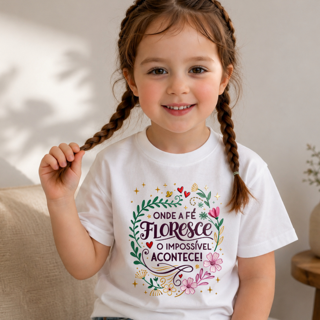 Camiseta Infantil Feminina Onde a Fé Floresce Estampada T-Shirt Infantil Juvenil Cristã Gospel