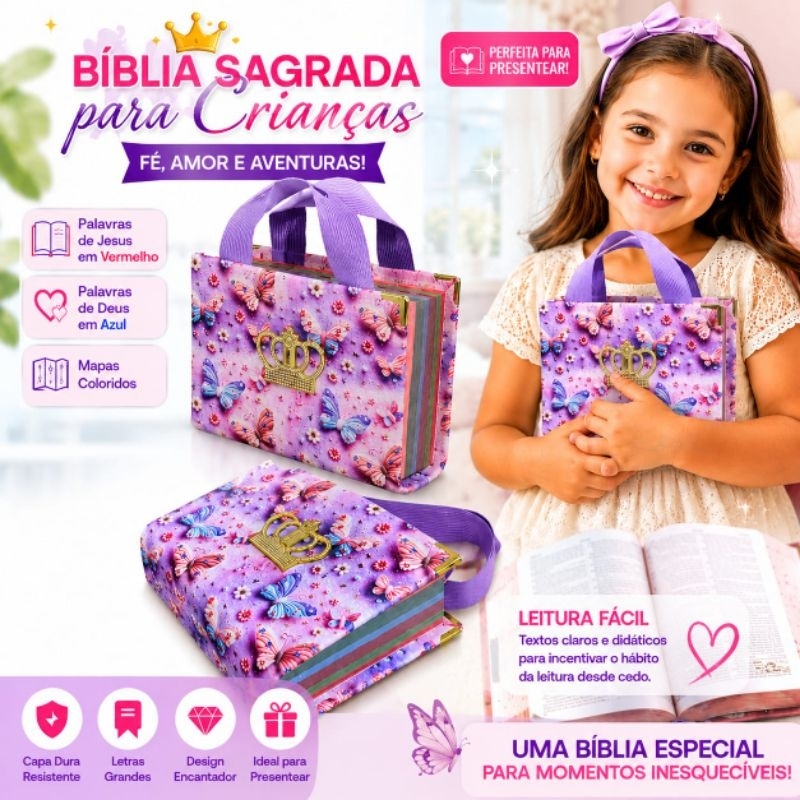 Bíblia Com alça Rosa Letras coloridas Bíblia Criança bolsa/biblia infantil para meninas evangélicas