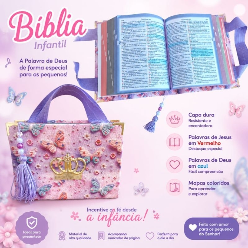 Bíblia Infantil com alça Rosa pequena Glitter/ Brilho coroa com pingente Bíblia Criança menina Evangélica